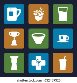 Cup icons set. set of 9 cup filled icons such as noodles fast food, tea cup, pharmacy, drink, tea, bowl