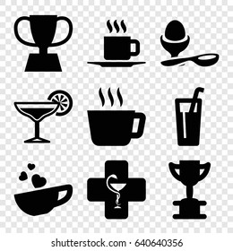Cup icons set. set of 9 cup filled icons such as boiled egg, pharmacy, cocktail, trophy, tea