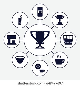 Cup icons set. set of 9 cup filled icons such as vending machine, dish, soda, drink, bowl, coffee machine, trophy