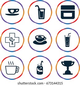 Cup icons set. set of 9 cup filled and outline icons such as cream, soda, cup with heart, cocktail, trophy, pharmacy