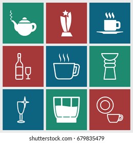 Cup icons set. set of 9 cup filled and outline icons such as teapot, cup, drink, trophy, dish, clean wine glass, wine glass and bottle