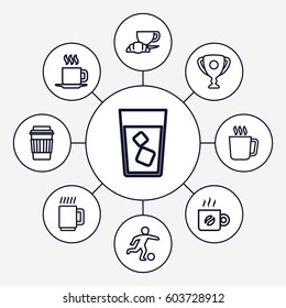 Cup icons set. set of 9 cup outline icons such as mug, drink, coffee and croissant, cup, coffee, football player
