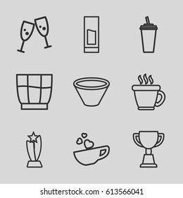 Cup icons set. set of 9 cup outline icons such as coffee, trophy, drink, cup with heart, bowl