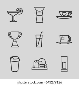Cup icons set. set of 9 cup outline icons such as baby toy, trophy, drink, cup with heart, cocktail