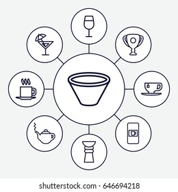 Cup icons set. set of 9 cup outline icons such as vending machine, teapot, cocktail, bowl, cocktail