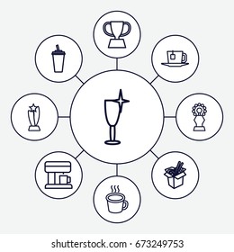 Cup icons set. set of 9 cup outline icons such as clean wine glass, drink, noodles fast food, cup, tea, coffee machine