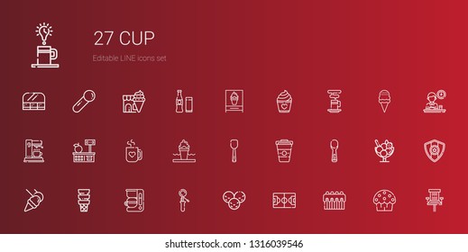 cup icons set. Collection of cup with cake, football field, ice cream, scoop, coffee maker, food and restaurant, coffee, mug, tools and utensils. Editable and scalable cup icons.