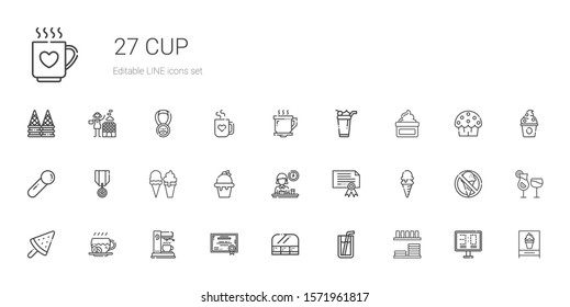 cup icons set. Collection of cup with dinnerware, soda, food and restaurant, certificate, coffee maker, coffee, ice cream, breakfast, medal, scoop. Editable and scalable cup icons.