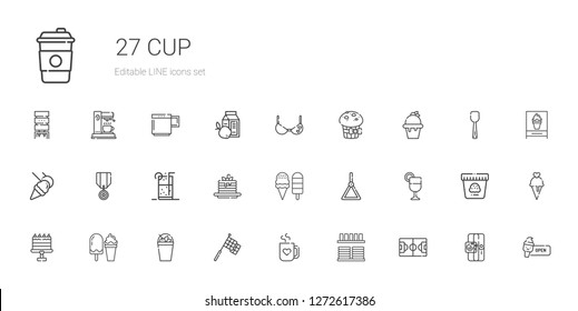 cup icons set. Collection of cup with football field, crockery, mug, racing, milkshake, ice cream, cake, juice, holder, pancakes, soft drink. Editable and scalable cup icons.