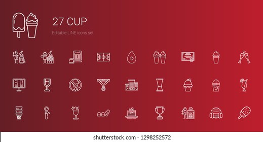 cup icons set. Collection of cup with hot stones, trophy, pancakes, ice cream, scoop, jigger, office, medal, no food, wine glass, scoreboard. Editable and scalable cup icons.