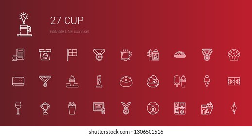 cup icons set. Collection of cup with ice cream, billiard, medal, certificate, milkshake, trophy, wine glass, cake, hot stones, coffee cup, punching ball. Editable and scalable icons.