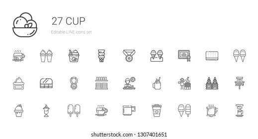 cup icons set. Collection of cup with ice cream, coffee, mug, tea, hot stones, smoothie, breakfast, crockery, medal, food and restaurant, cream. Editable and scalable cup icons.