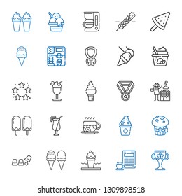 cup icons set. Collection of cup with trophy, coffee, ice cream, muffin, frozen yogurt, cocktail, hot stones, medal, best, food and restaurant. Editable and scalable cup icons.