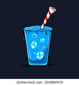 A Cup of Icy Blue Water Vector with Striped Straw Isolated on Blank Background