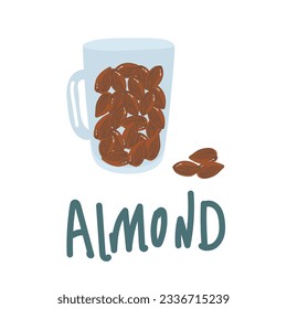 cup of illustration almonds on white transparent background. Nuts on isolated background. Photorealistic illustration for packaging design, labels, postcards, print design,