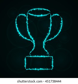 Cup Illustration Icon, Cyan Color Lights Silhouette on Dark Background. Glowing Lines and Points