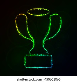 Cup Illustration Icon, Gradient Color Lights Silhouette on Dark Background. Glowing Lines and Points