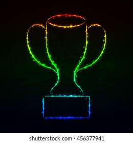 Cup Illustration Icon, Gradient Color Lights Silhouette on Dark Background. Glowing Lines and Points