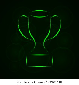 Cup Illustration Icon, Green Color lights Silhouette on Dark Background. Glowing Gradient Lines.