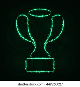 Cup Illustration Icon, Spring green Color Lights Silhouette on Dark Background. Glowing Lines and Points. Light Silhouette Cup. Light Silhouette Cup. Light Silhouette Cup. Light Silhouette Cup. Cup.