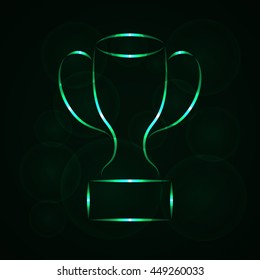 Cup Illustration Icon, Spring green Color lights Silhouette on Dark Background. Glowing Gradient Lines.
