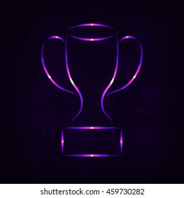 Cup Illustration Icon, Violet Color lights Silhouette on Dark Background. Glowing Gradient Lines.