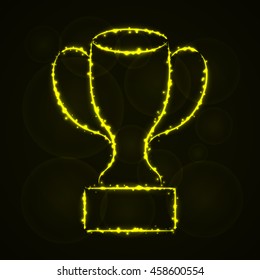 Cup Illustration Icon, Yellow Color Lights Silhouette on Dark Background. Glowing Lines and Points
