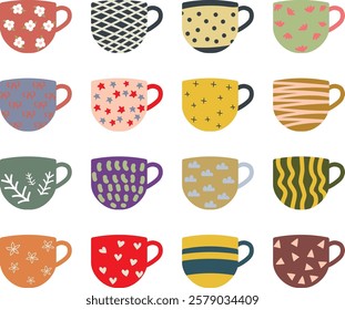 cup illustration set. Colorful and decorative mug for coffee or tea. present comfort image in home, café and restaurant.  