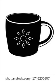 A cup with the image of the sun - vector black silhouette for logo, menu. Crockery, black silhouette of a cup with a sun pictogram or corporate identity.