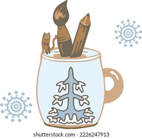 
Una taza con la imagen de un árbol de invierno se ha convertido en un soporte para un pincel, un lápiz y un gato. Copos de nieve por ahí.