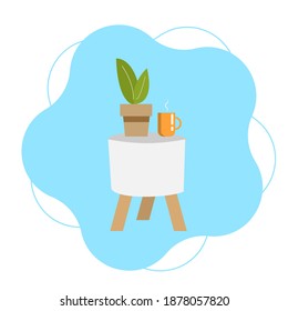 
Cup and indoor flower in a pot on a bedside table, clipart on an isolated white background