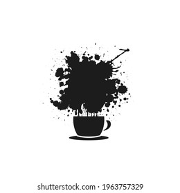 cup with ink or paint drops and blot. Mug with tea or coffee icon isolated on white background. Vector silhouette illustration. Creative morning cappuccino. Coffee break. 