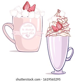 Cup with inscription "Coffee is always good idea". Cute vector set of cups with strawberries with cream and marshmallows. Isolated on white background.