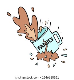 Cup with the inscription family falls, banner. Coffee is poured from the mug. Family relationship breakdown concept, vector illustration
