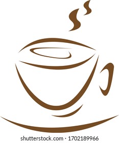 Cup of invigorating drink and hot steam coffee concept logo for design on a white background