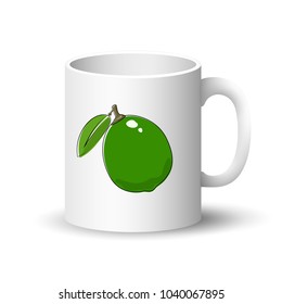 Cup Isolated on a White Background, Front View on a Mug with Citrus Fruit Lime, Vector Illustration
