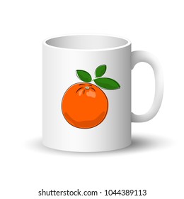 Cup Isolated on a White Background, Front View on a Mug with Citrus Fruit Orange, Vector Illustration