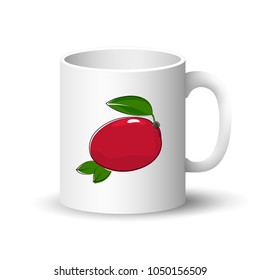Cup Isolated on a White Background, Front View on a Mug with Tropical Fruit Red Mango ,Vector Illustration