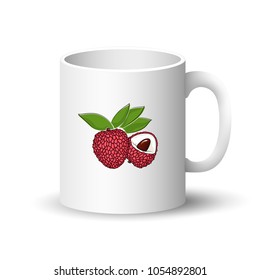 Cup Isolated on a White Background, Front View on a Mug with Tropical Fruit Lichee , Vector Illustration
