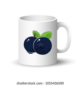 Cup Isolated on a White Background, Front View on a Mug with Berry Fruit Black Blueberries , Vector Illustration