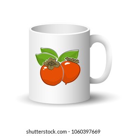 Cup Isolated on a White Background, Front View on a Mug with Fruit Orange Persimmon , Vector Illustration