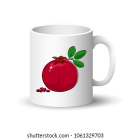 Cup Isolated on a White Background, Front View on a Mug with Fruit Pomegranate , Vector Illustration