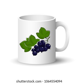 Cup Isolated on a White Background, Front View on a Mug with Berry Fruit Blackcurrant, Vector Illustration