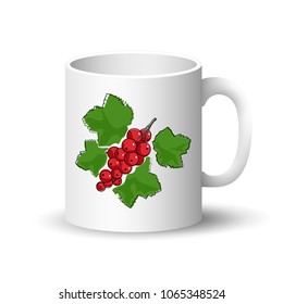 Cup Isolated on a White Background, Front View on a Mug with Berry Fruit Redcurrant, Vector Illustration