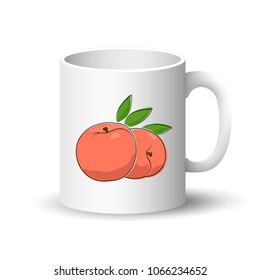 Cup Isolated on a White Background, Front View on a Mug with Fruit Peach , Vector Illustration
