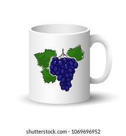 Cup Isolated on a White Background, Front View on a Mug with Berry Fruit Grapes , Vector Illustration