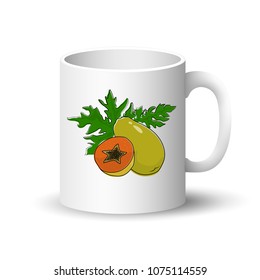 Cup Isolated on a White Background, Front View on a Mug with Tropical Fruit Papaya ,Vector Illustration