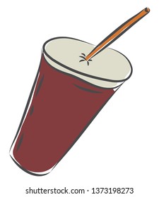 A cup of juice in a red-colored disposable plastic red party cup with lid and straw vector color drawing or illustration 