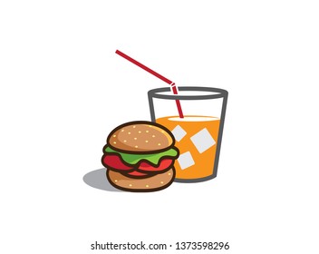 Cup of juice with square ice cubes and big hamburger Sandwich with meat and vegetable inside for design illustrator, chheeseburger icon