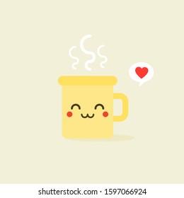 Cup kawaii emoji with cheeks and eyes. Colored beautiful doodle cups character in flat designs with cute cartoon faces. Hot coffee and tea. Vector illustration.